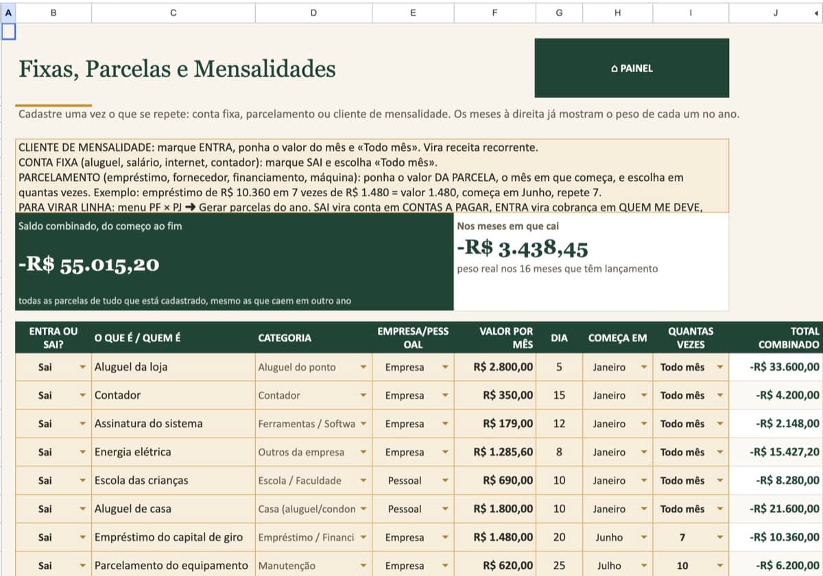 Fixas e Parcelas